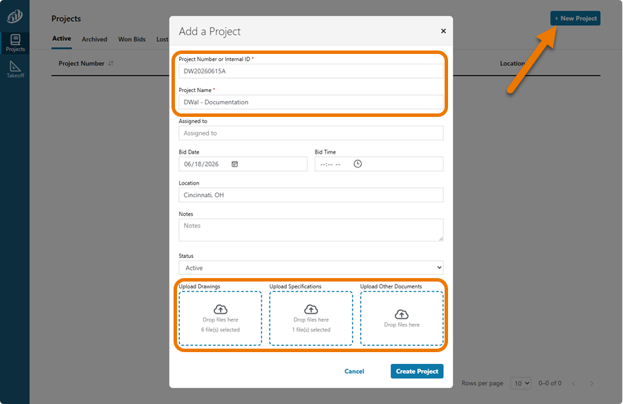 ConstructConnect Takeoff Add New Project dialog box