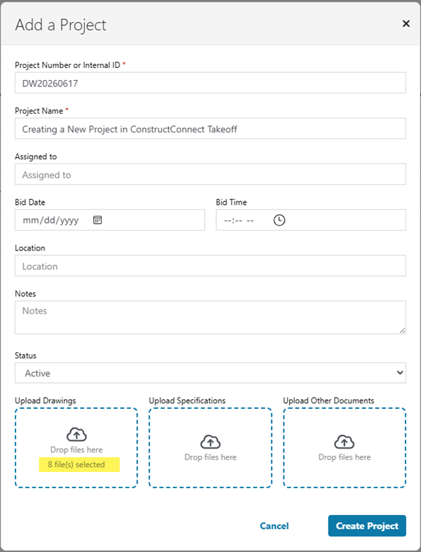 ConstructConnect Takeoff Add Documents browse dialog box - filled in