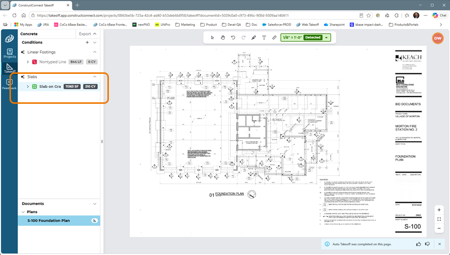 ConstructConnect Takeoff Tab showing Conditions list
