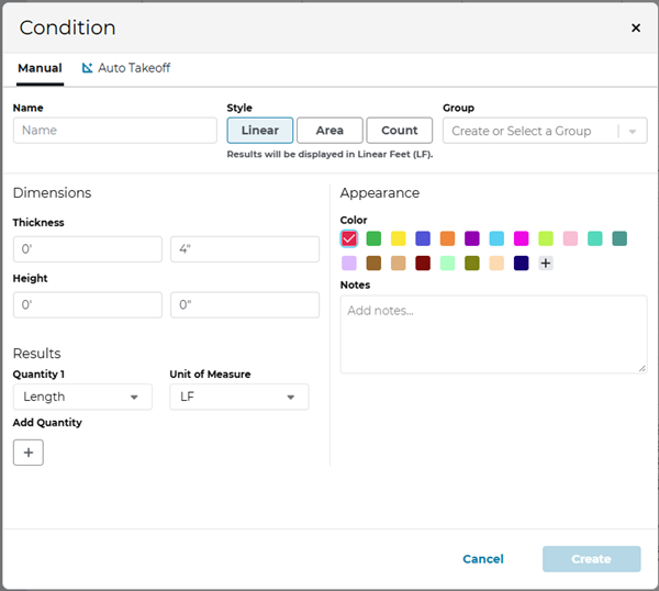 ConstructConnect Takeoff Condition Properties dialog box