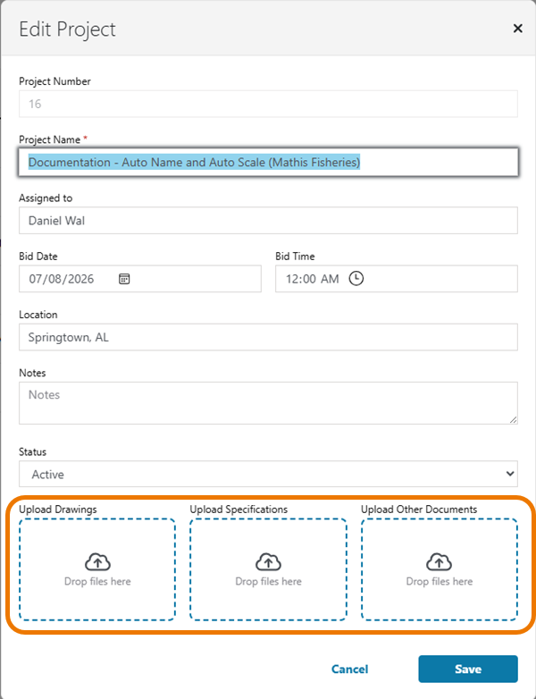 ConstructConnect Takeoff Edit Project dialog box