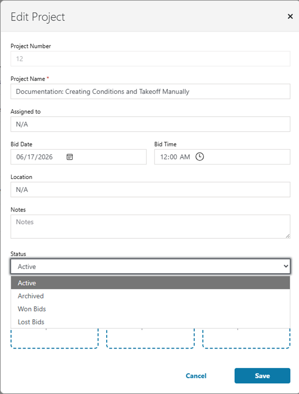 ConstructConnect Takeoff Project Settings - statuses drop-down list