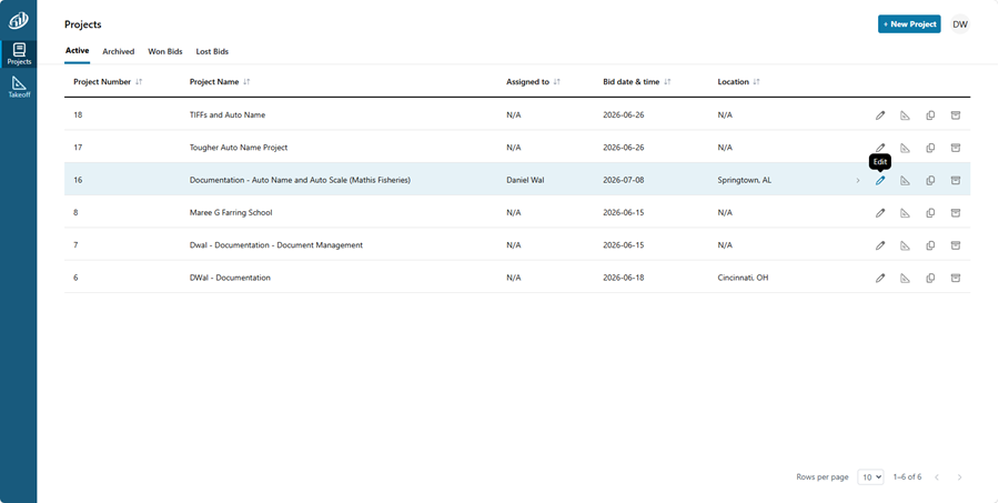 ConstructConnect Takeoff Project List highlighting the Edit Project button