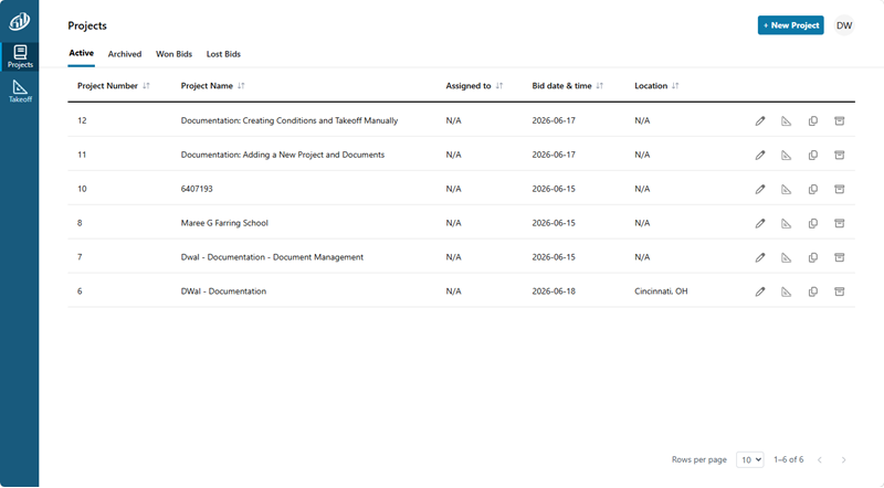 ConstructConnect Takeoff Projects List