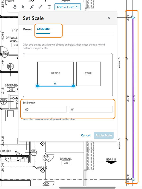 ConstructConnect Takeoff Calculate Scale set length and draw dimension line