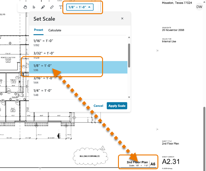 ConstructConnect Takeoff Set Scale drop-down and dialog box
