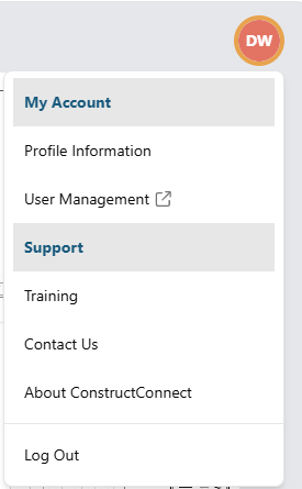 ConstructConnect Takeoff Tab User menu