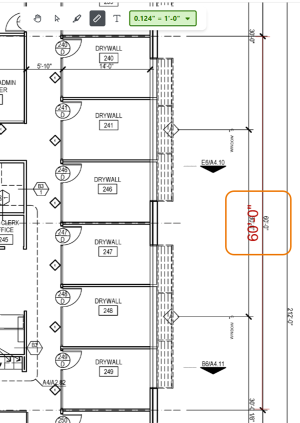 dimension line drawn next to a known-length linear on the plan