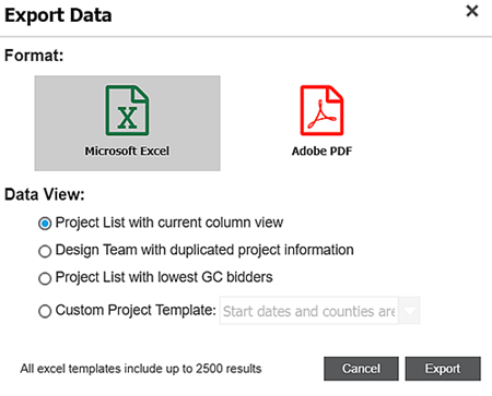 ConstructConnect Leads Export Data menu