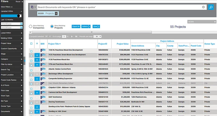 ConstructConnect Leads Project List showing matching projects
