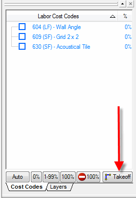 DPC Labor Cost Code List highlighting Takeoff (mode) button