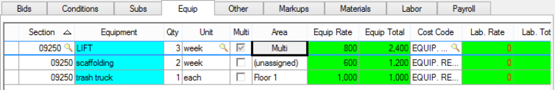 Quick Bid Equipment Tab showing Area column