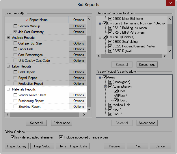 Quick Bid Reports dialog box highlighting the materials reports