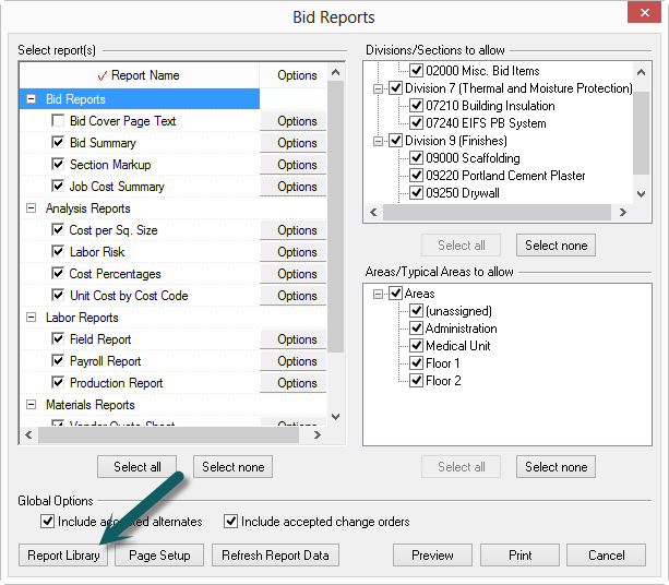 Quick Bid Reports dialog box indicating the Reports Library button