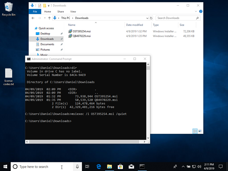 Windows Command Prompt showing the On-Screen Takeoff Silent Installation