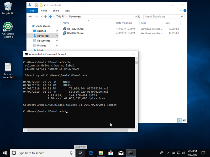 Windows Command Prompt showing the Quick Bid Silent Installation