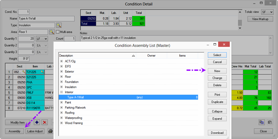 Condition Assembly list opened from the Quick Bid Condition Detail dialog box