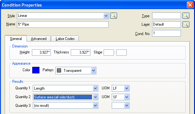 Condition Properties set up to calculate Surface Area of Pipes-Ducts