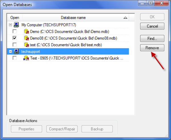 Quick Bid open databases dialog box - select invalid database and click remove