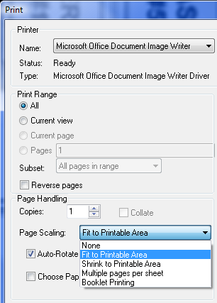 Image Writer Page Scaling drop-down