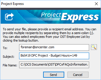 Enter recipient information in the Project Express Send File dialog box