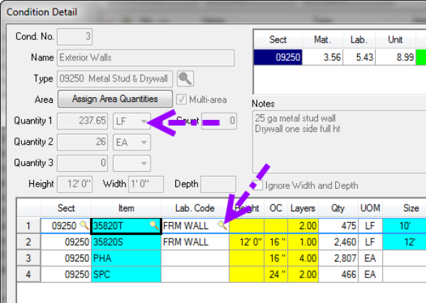 the Quick Bid Condition detail indicates that an LCC was used twice in the same Condition, so it is bolded in DPC