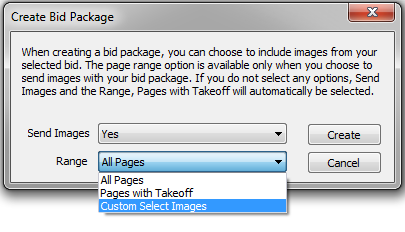 In the Create Bid Package dialog box, custom select images to choose which pages to send to field