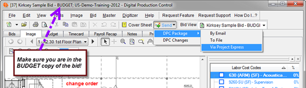 Click the 'send' button, then DPC Bid Package, then Via Project Express