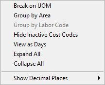 Right-click on the Budget Tab grid to invoke the context menu