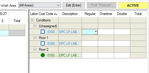 on the right side of the Timecard Tab is a grid that shows all the cost codes used in the selected Bid Area