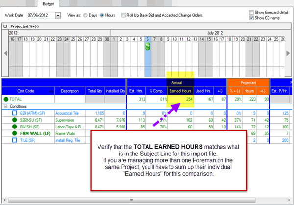 After importing a change file, check the Budget Tab to verify the earned hours match the subject line of the received file