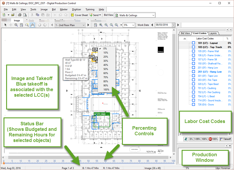 the Digital Production Control Image Tab is where you see plans, takeoff, percenting, labor cost codes, and annotations