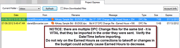 In DPC, on the Project Express Tab, you must download and import DPC Changes in chronological order starting with the oldest