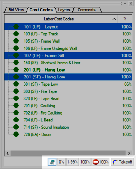 the Digital Production Control Image Tab LCC window control buttons make it easy to select takeoff based on its percent complete