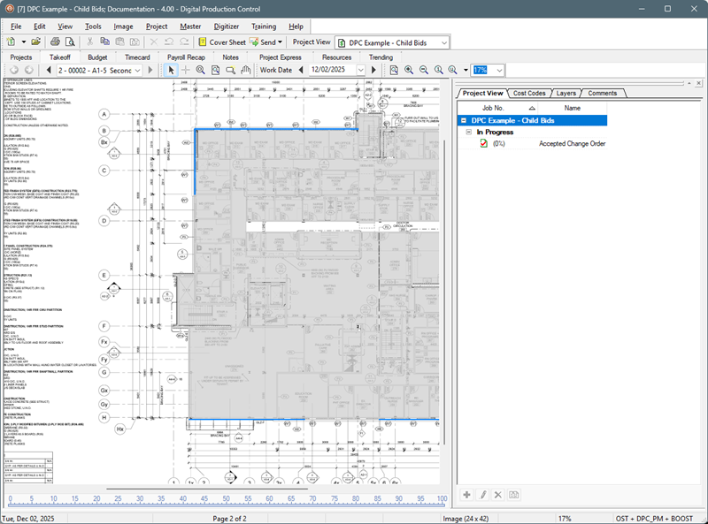 Digital Production Control Projects View tab showing only accepted Change Orders