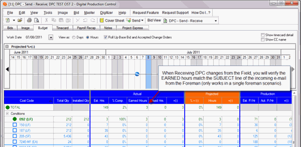 DPC Budget Tab - highlighting Earned Hours