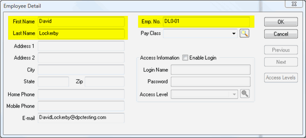 DPC Employee Detail dialog box