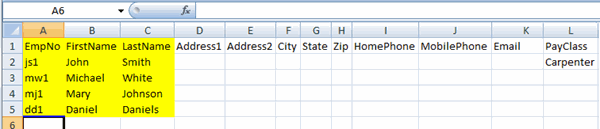 Sample of an employee file for importing into DPC