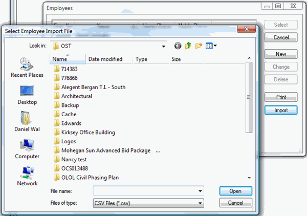Select Employee Import File dialog box