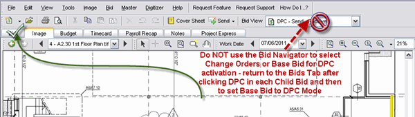 To switch between Base Bid and Change Orders, do not use the Bid View drop-down or the Bid View tab in the Conditions window, you must return to the Bids Tab each time.
