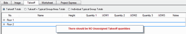 Takeoff Tab verify that all takeoff is assigned to a Bid Area and that none remains Unassigned