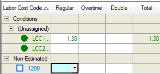 DPC Timecard Tab - time entry grid showing non-estimated Labor Cost Codes