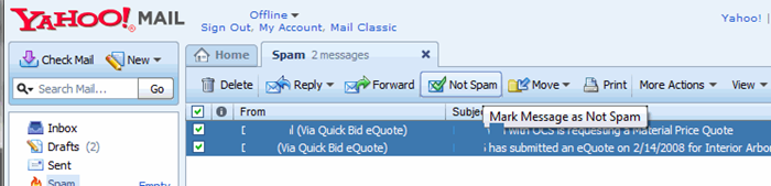 eQuote message in Yahoo Spam folder