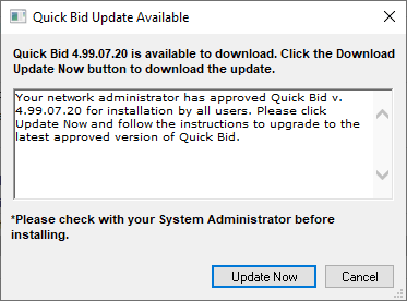 Quick Bid displaying an upgrade notification from System Admin