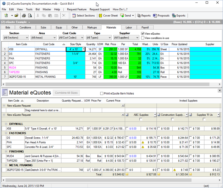 Quick Bid comparing received eQuotes