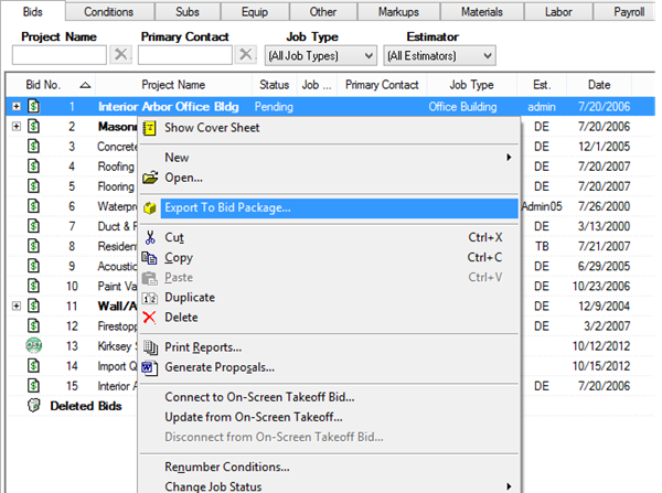 Quick Bid Exporting a Bid Package