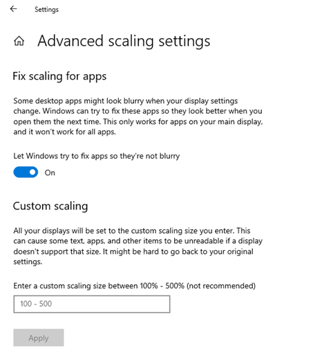 Adjusting Windows Advanced Scaling settings to fix fuzziness or scaling issues on a 4K monitor