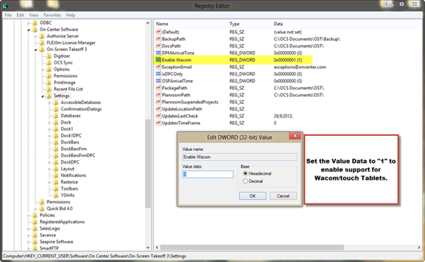 Setting the Windows Registry key for On-Screen Takeoff to support WACOM type tablets