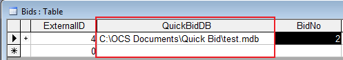 On-Screen Takeoff database bids table showing Quick Bid connection