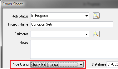 The On-Screen Takeoff Cover Sheet showing a bid connect to Quick Bid but in manual mode, not interactive